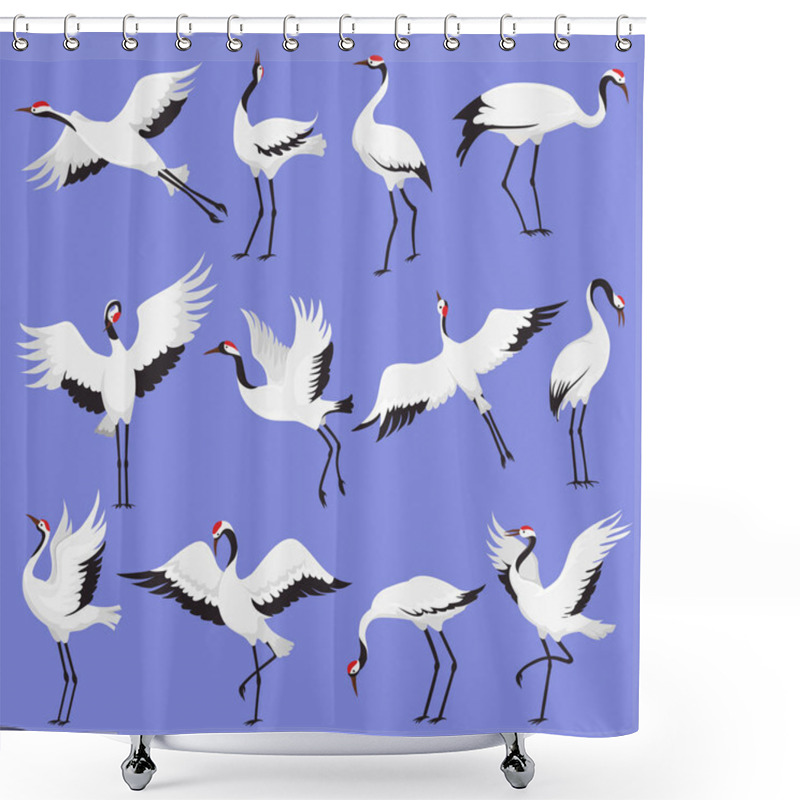 Personality  Japanese Crane Birds With Red Crowns Flying And Standing In Different Poses Vector Illustration. Shower Curtains