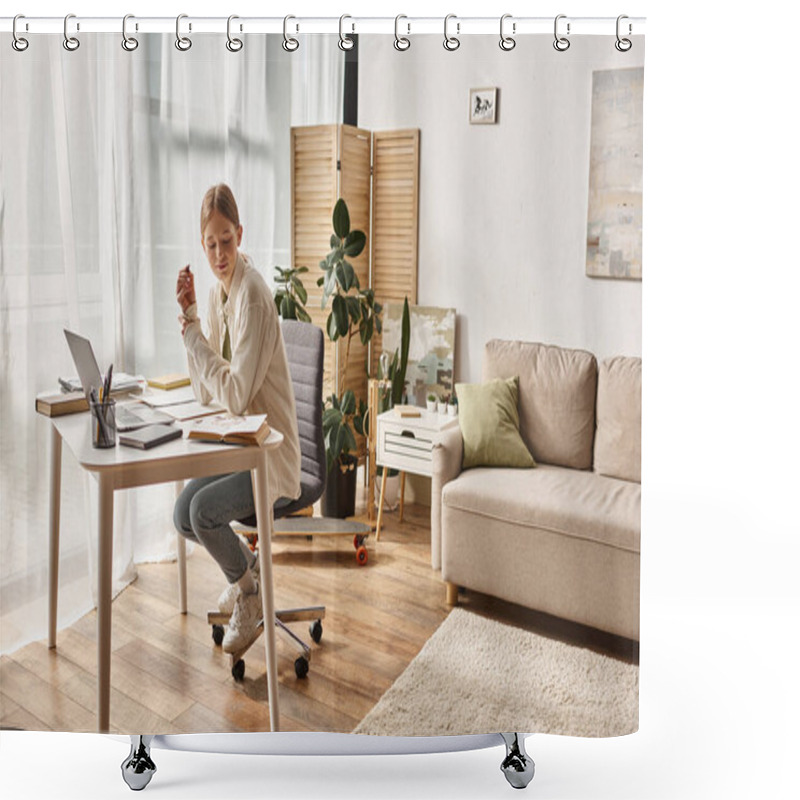 Personality  Focused Teenage Girl Using Her Laptop While Sitting Around Books, Online Education Concept Shower Curtains