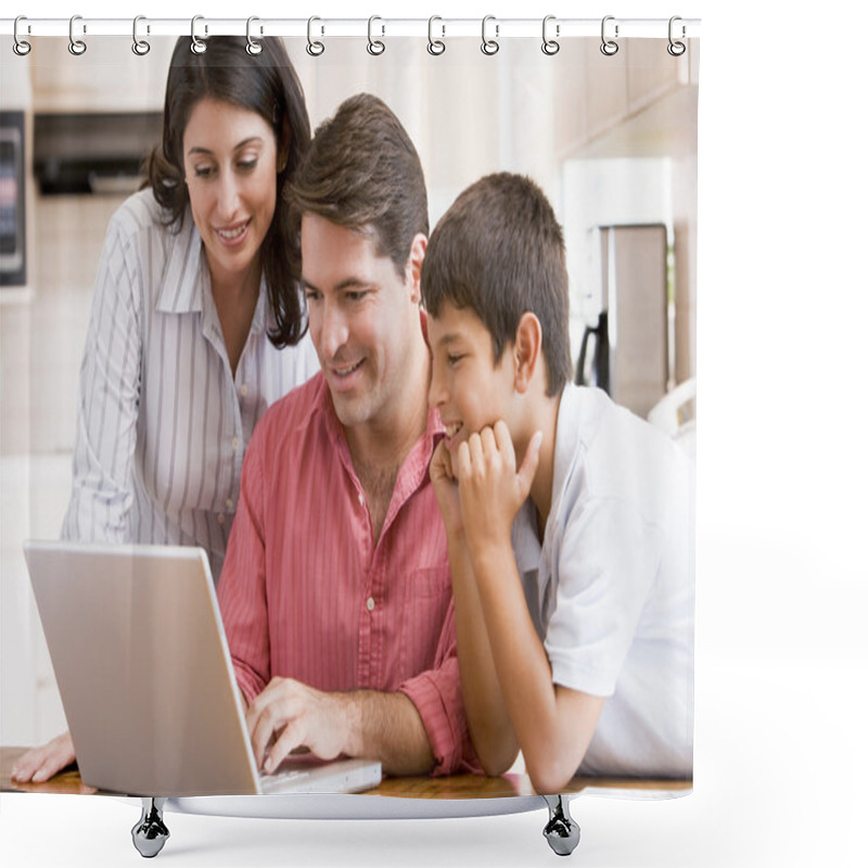 Personality  Family In Kitchen With Laptop Smiling Shower Curtains