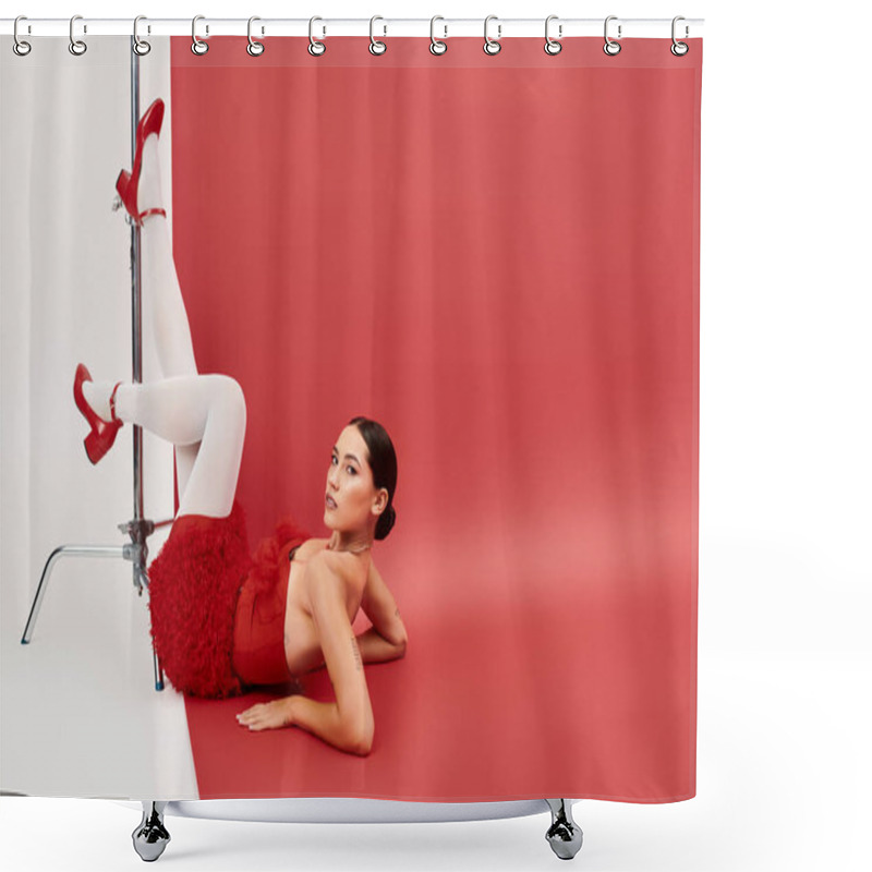 Personality  A Young Beautiful Woman In A Striking Red Outfit Elegantly Poses And Enjoys A Moment Of Creativity. Shower Curtains