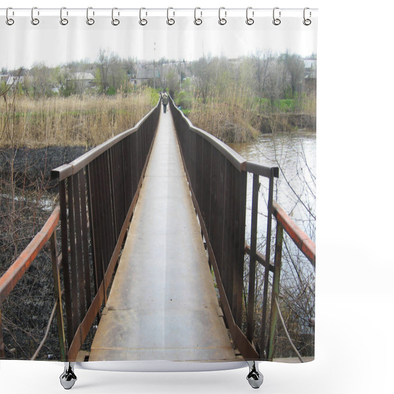 Personality  Person Walking On A Long, Rusty Metal Bridge Over A River. Shower Curtains