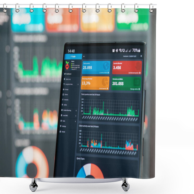 Personality  Galati, Romania - April 18, 2023: New Version Of PI-hole - Ad Blocking And Privacy Protection: A Deep Dive Into Dashboard And Configuration Options Shower Curtains