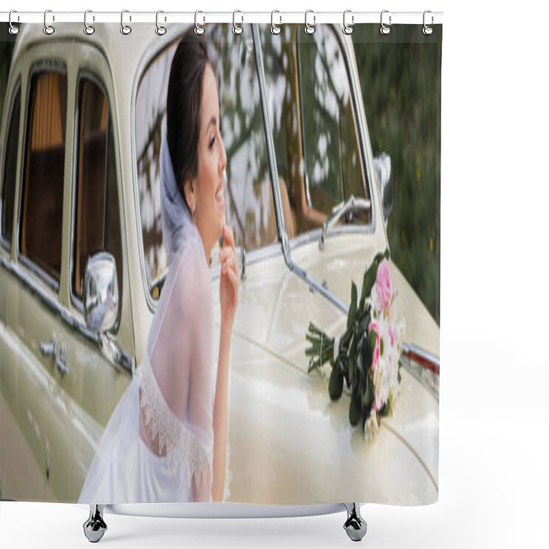 Personality  Side View Of Happy Bride Standing Near Wedding Bouquet On Retro Car, Banner  Shower Curtains