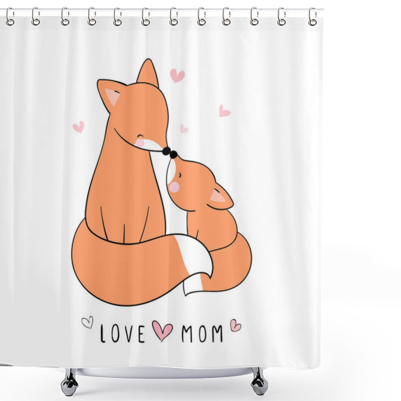 Personality  Draw Vector Mom Fox Kissing Baby With Little Hearts Isolated On White Background Shower Curtains