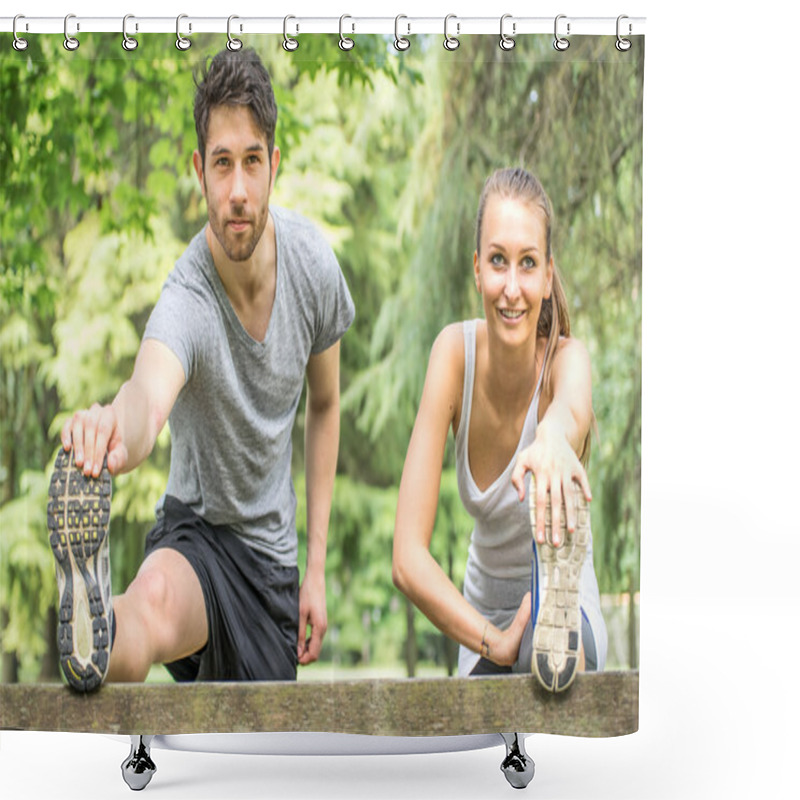 Personality  Sporty Couple Stretching Legs Outdoors Shower Curtains