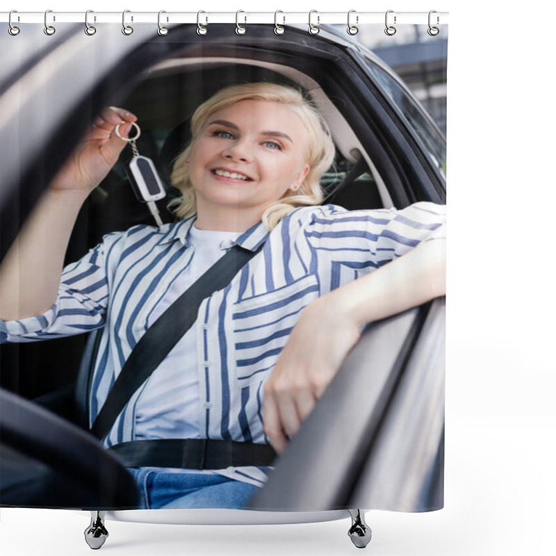 Personality  Positive Blonde Woman Holding Key While Sitting In Car  Shower Curtains