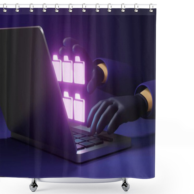 Personality  Cybercriminals Target Personal Documents On Laptop, Symbolizing Cybercrime, Data Theft, And Importance Of Online Security. 3d Render Illustration. Shower Curtains