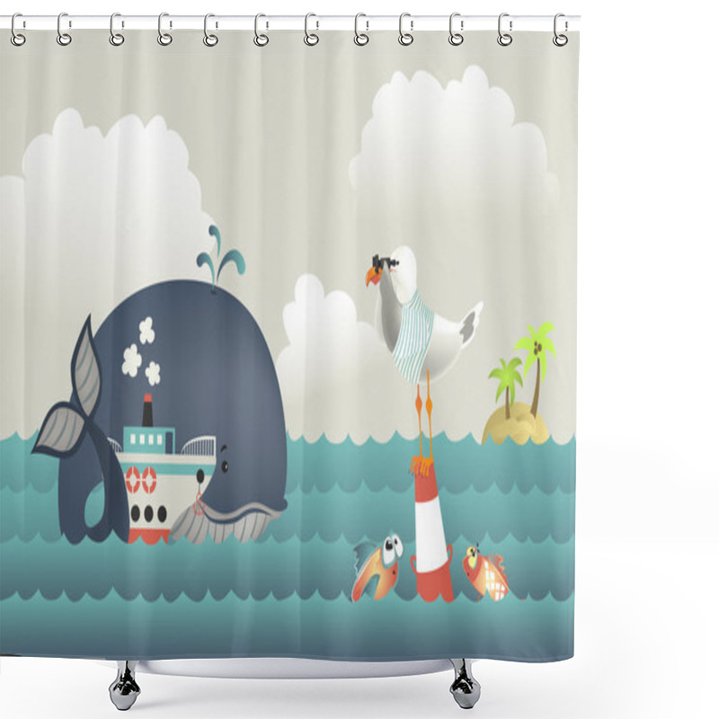 Personality  Whale,steamship And Seagull In Blue Sea Shower Curtains