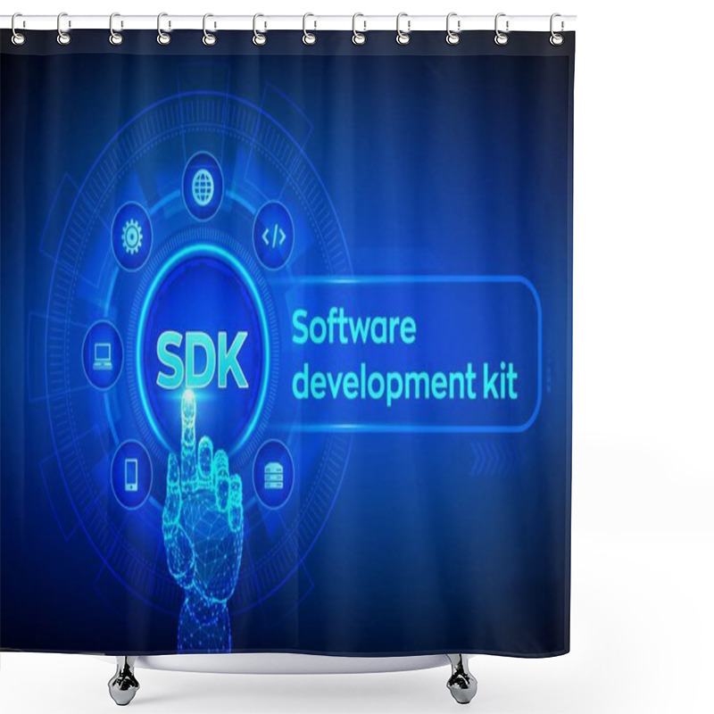 Personality  SDK. Software Development Kit Programming Language Technology Concept On Virtual Screen. Technology Concept. Robotic Hand Touching Digital Interface. Vector Illustration. Shower Curtains