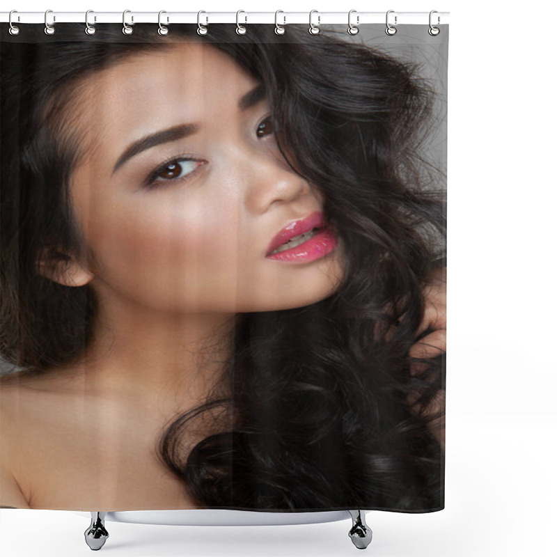 Personality  Closeup Young Woman Face With Clean Skin, Pink Lips Shower Curtains