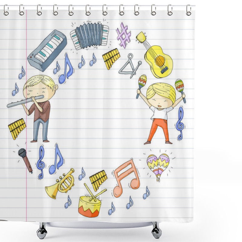 Personality  Vector School Of Music Musical Theatre Kindergarten Children With Music Instruments Drum, Flute, Accordion, Trumpet, Piano Music Perfomance And School Age Kids Children Orchestra Shower Curtains