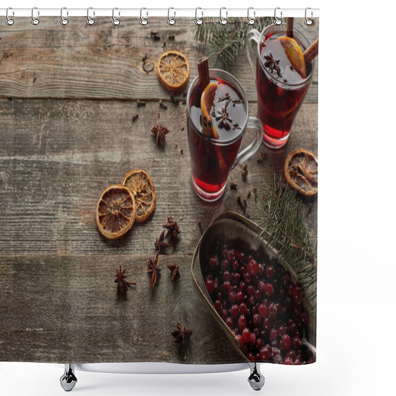 Personality  Red Spiced Mulled Wine With Fir Branch, Berries, Anise, Orange Slices And Cinnamon On Wooden Rustic Table Shower Curtains