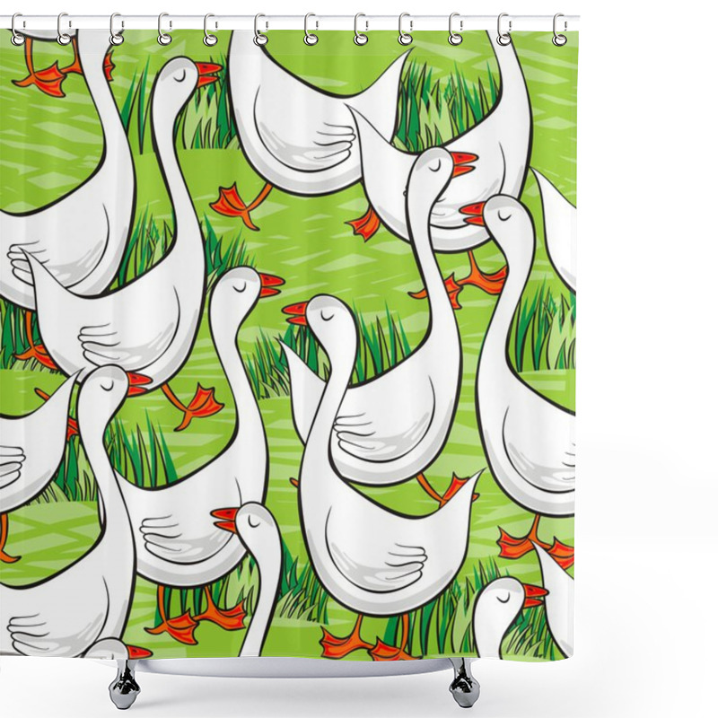 Personality  White Gooses Free Run On Sunny Summer Day Animal Farm Life Illustration On Green Messy Background Seamless Pattern Shower Curtains