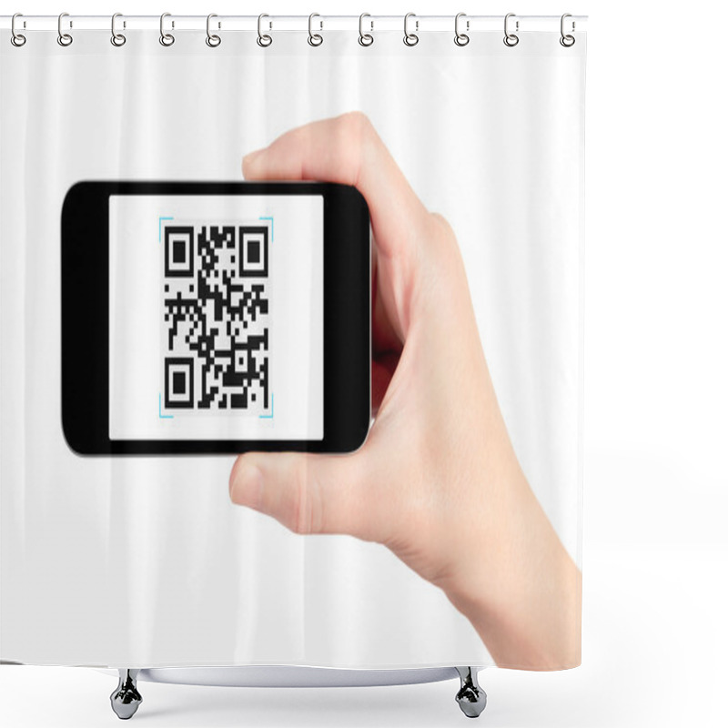 Personality  Hand Holding Mobile Phone With QR Code Scanner Shower Curtains