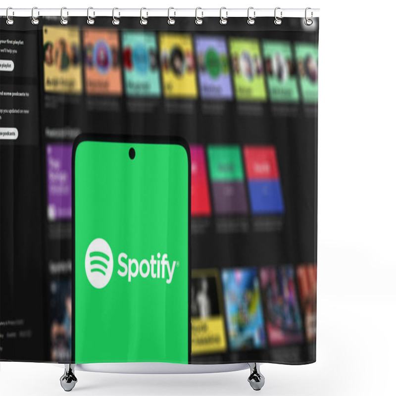 Personality  Dhaka, Bangladesh- 08 Sep 2024: Spotify Logo Is Displayed On Smartphone. Shower Curtains