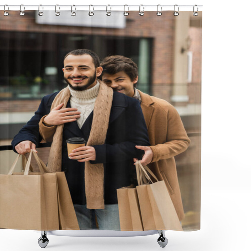 Personality  Bearded Gay Man In Black Coat Holding Shopping Bags And Paper Cup Near Young Boyfriend Hugging Him Outdoors Shower Curtains