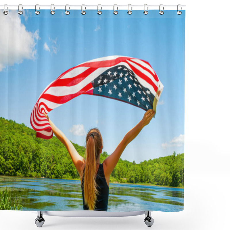 Personality  4th Of July. Young Woman Holding American Flag On Lake Background. Shower Curtains