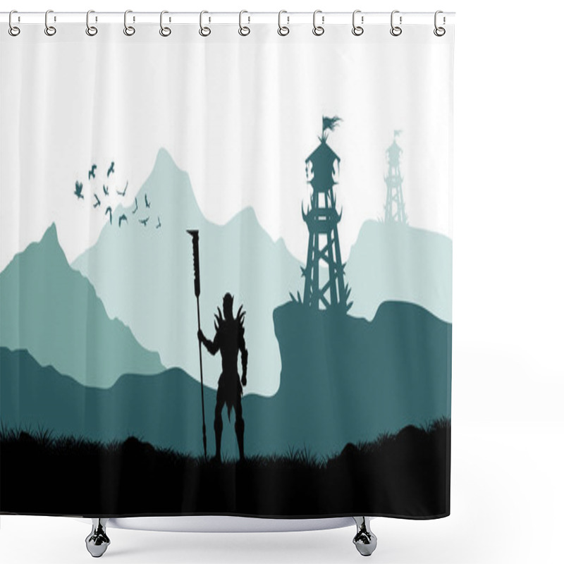 Personality  Black Silhouette Of Orc Warrior On Background Of Tower. Fantasy Landscape. Medieval Panorama. Scene With Battle Watchtower Shower Curtains