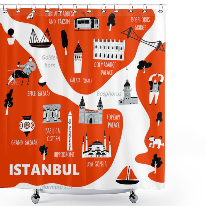 Personality  Istanbul Stylized Map With Main Tourists Attractions And Cultural Symbols, Made In Vector. Shower Curtains