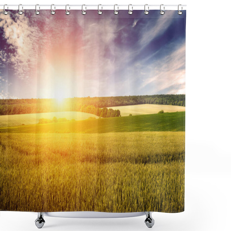 Personality  Wheat Field, Blue Sky And Dawn In Retro Style. Shower Curtains