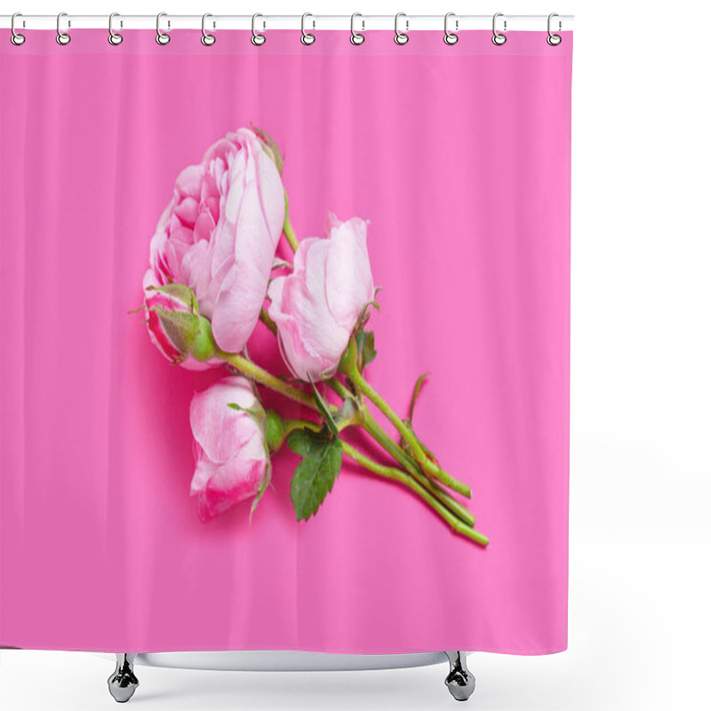 Personality  Beautiful Bouquet Of Freshly Cut Tea Roses Displayed On A Soft Pink Background, Exuding Elegance And Charm. Shower Curtains