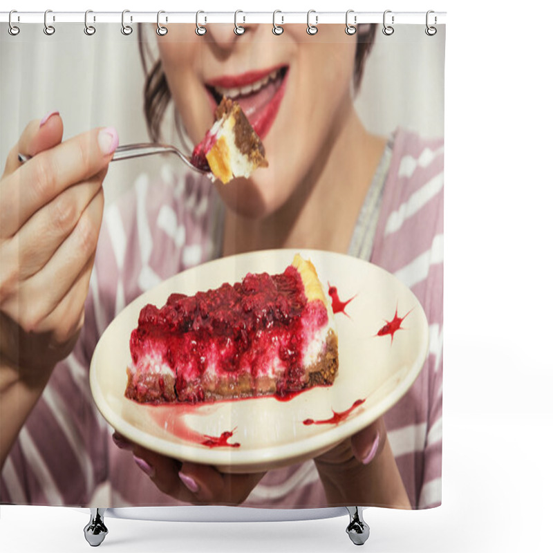 Personality  Young Joyful Woman Is Tasting A Piece Of Cheesecake With Raspber Shower Curtains