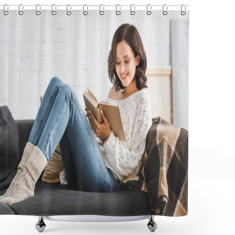 Personality  Smiling Girl Reading Book On Sofa At Home Shower Curtains