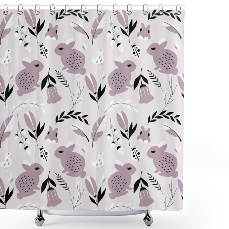 Personality  Seamless Pattern With Rabbits, Lady Bugs, Birds And Flowers Shower Curtains