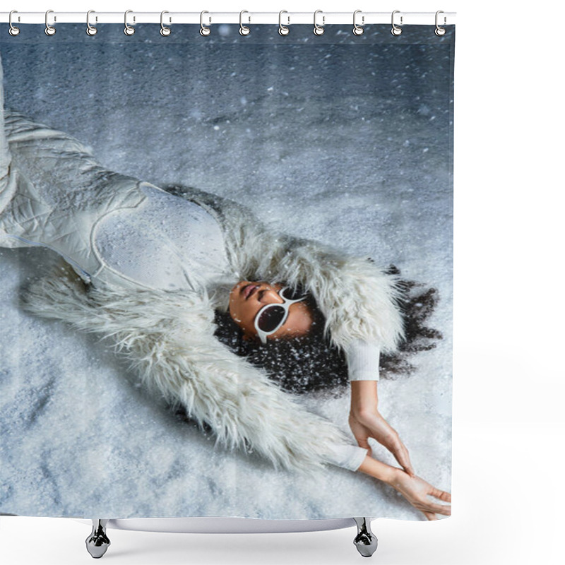 Personality  A Stylish African American Woman Relaxes In The Snow Wearing A White Ski Ensemble And Faux Fur Coat. Shower Curtains