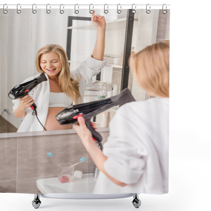 Personality  Attractive Happy Pregnant Woman In Bathrobe Singing At Hair Dryer In Front Of Mirror In Bathroom Shower Curtains