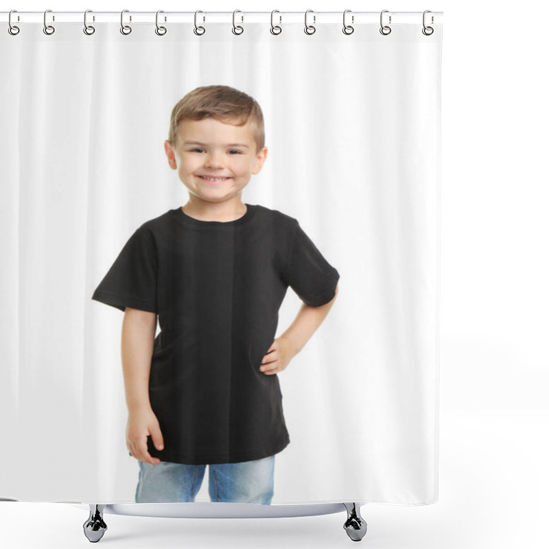 Personality  Little Boy In T-shirt On White Background. Mockup For Design Shower Curtains