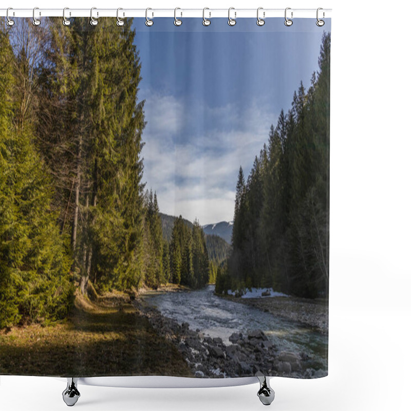 Personality  Scenic View Of Evergreen Forest, Mountain River And Blue Sky  Shower Curtains