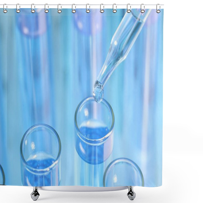 Personality  Dripping Reagent Into Test Tube On Blurred Background, Closeup. Laboratory Analysis Shower Curtains