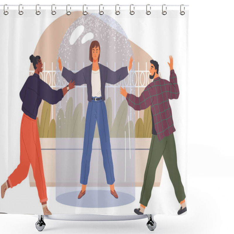 Personality  Protection Of Personal Space From Strangers. Female Restrictions, Young Woman Stands Under Glass Jar. Character Is In Confined Space, Loneliness, Solitude. Concept Of Freedom, Mental Rehabilitation Shower Curtains