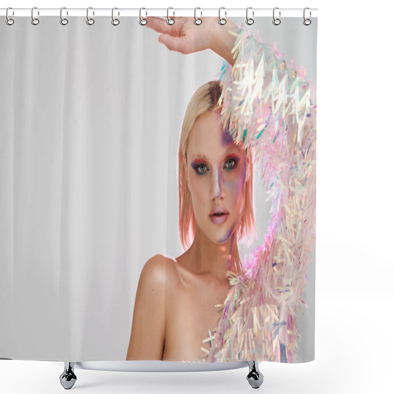 Personality  A Stylish Young Woman Showcases Her Unique Holographic Fashion With Confidence. Shower Curtains