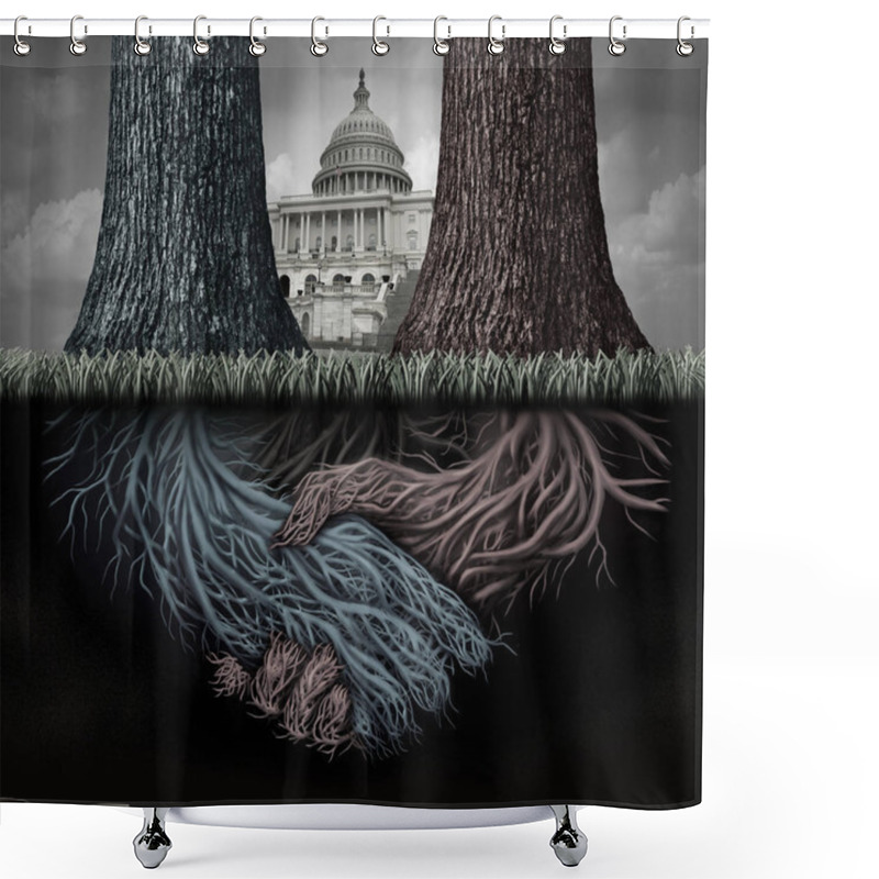 Personality  USA Secret Politics And Deep State Clandestine Government Deal Manipulating The Laws Or System Of Politics As A Covert Plan To Secretly Influence The Leadership And Conspiracy Theory With 3D Illustration Elements. Shower Curtains