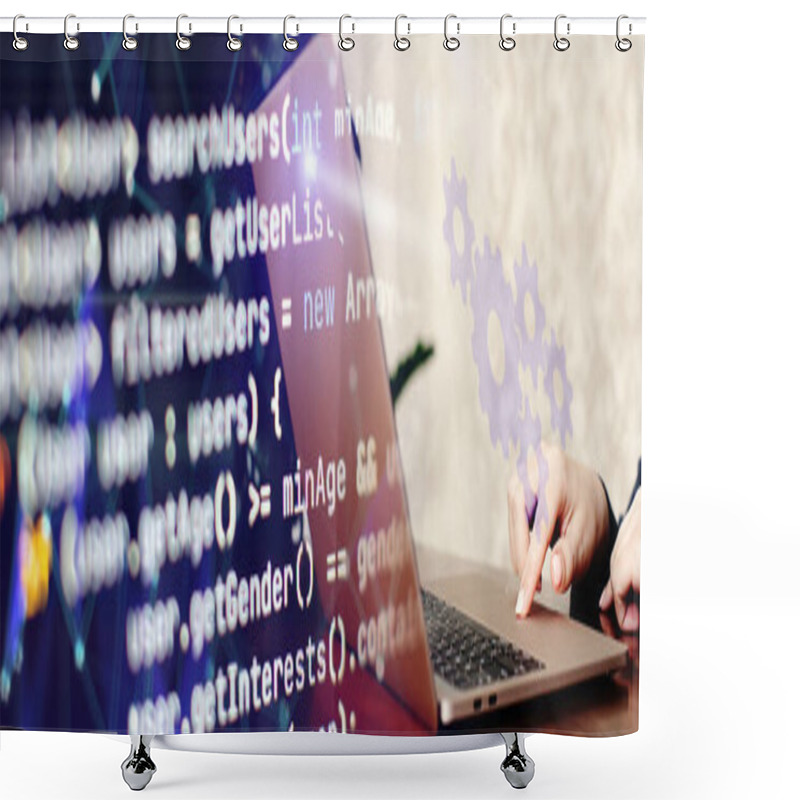 Personality  Girl Programmer At Home Writes Programming Code Script On Virtual Shower Curtains