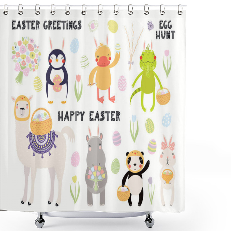 Personality  Big Easter Set With Cute Animals And Eggs With Flowers And Quotes Isolated On White Background. Hand Drawn Vector Illustration. Scandinavian Style Flat Design. Concept For Kids Holiday Print  Shower Curtains