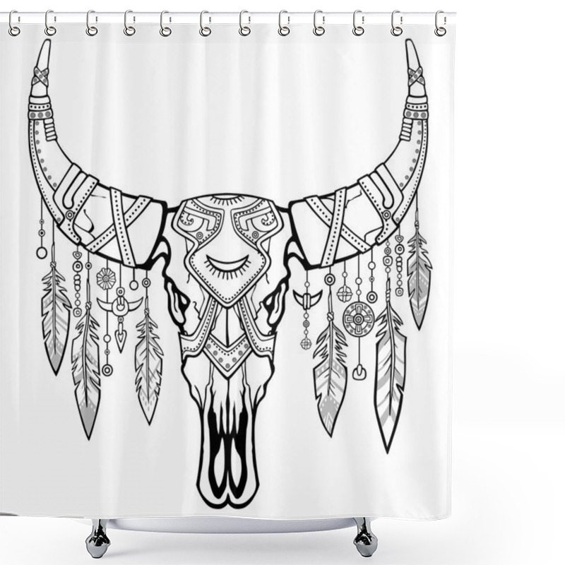 Personality  Fantastic Skull Of A Bull. Ethnic Jewelry And Beads, Indian Motives. Boho Design. The Linear Drawing Isolated On A White Background. Vector Illustration, Be Used For Coloring Book. Shower Curtains