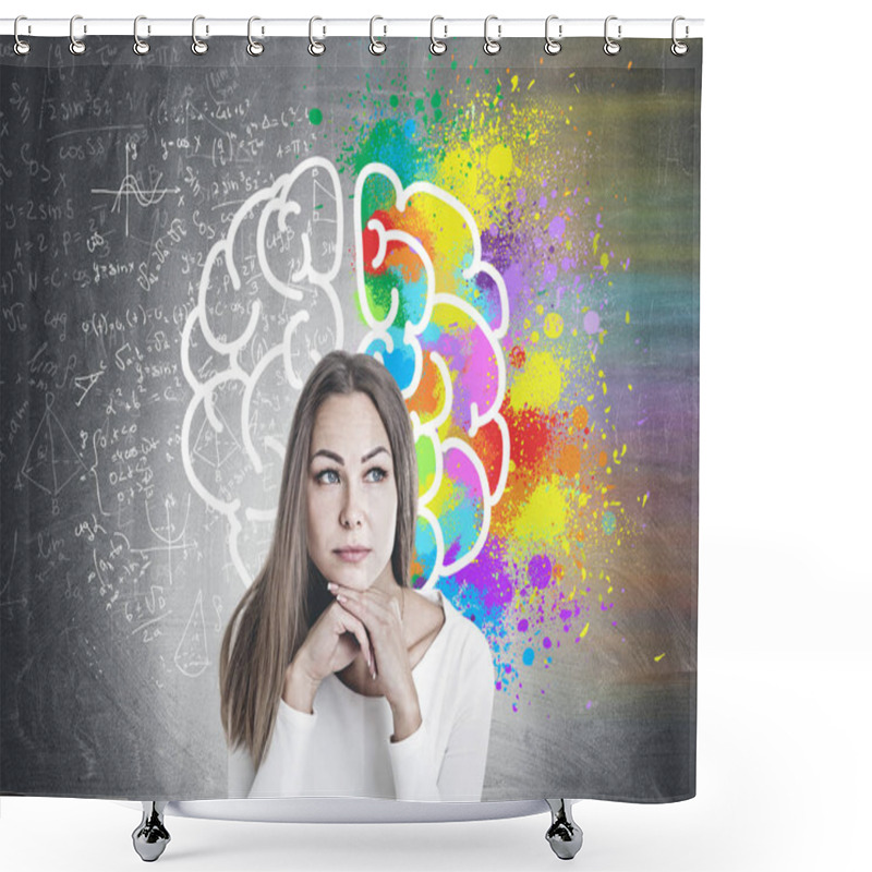 Personality  Head And Shoulders Portrait Of A Beautiful Young Woman With Fair Hair Wearing White And Thinking Looking Sideways. A Blackboard With A Colorful Brain Sketch Shower Curtains