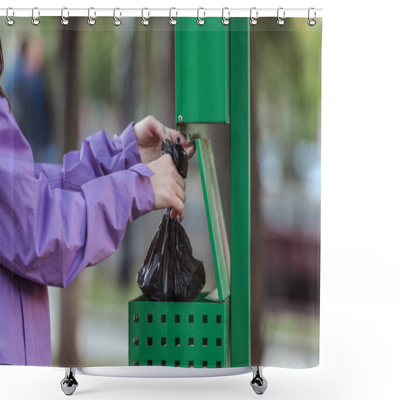 Personality  Cropped Shot Of Woman Putting Bag In Trash Can In Park, Cleaning After Pet Concept Shower Curtains