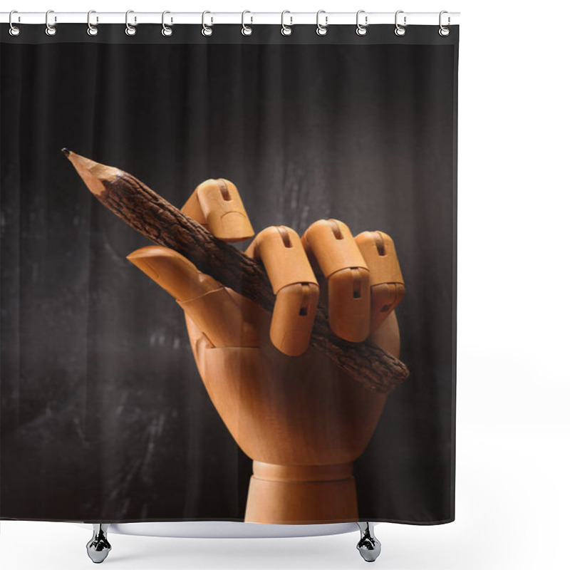 Personality  Close Up Of Wooden Hand Holding Pencil In Front Of Empty Chalkboard In School  Shower Curtains