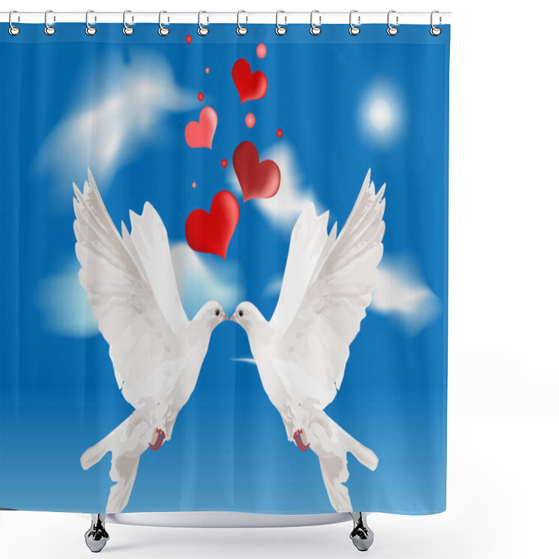 Personality  White Doves And Red Hearts In Blue Sky Shower Curtains