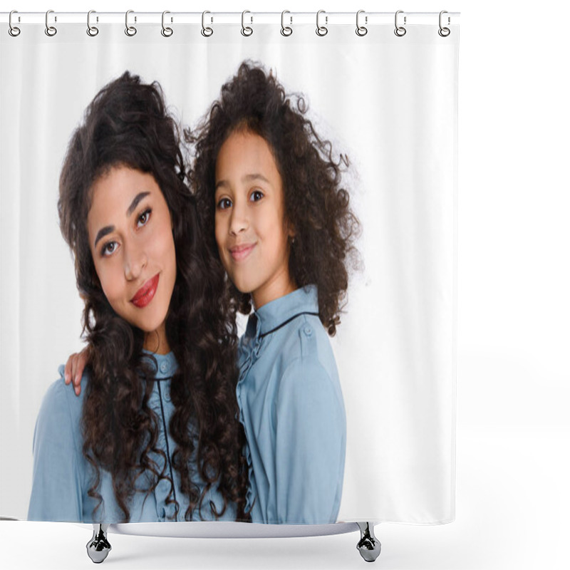 Personality  Close-up Portrait Of Beautiful Mother And Daughter Looking At Camera Isolated On White Shower Curtains