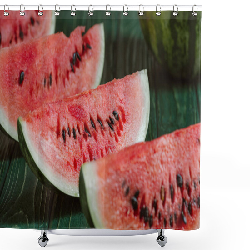 Personality  Close Up View Of Watermelon Slices On Green Wooden Surface Shower Curtains