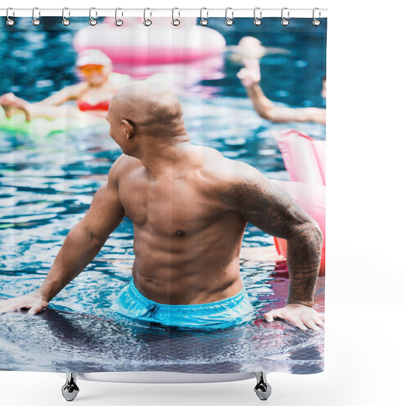 Personality  Young Tattooed Man Near Poolside Talking To Friends In Swimming Pool  Shower Curtains