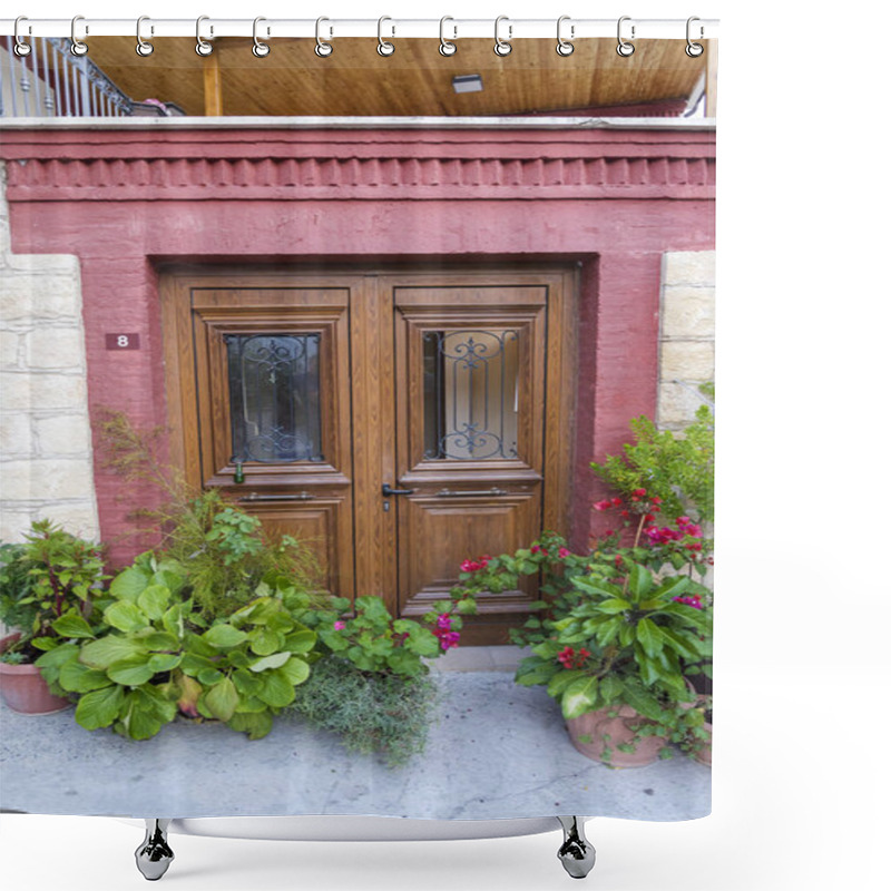 Personality  Wooden Front Door And Pots Of Flowers. Shower Curtains