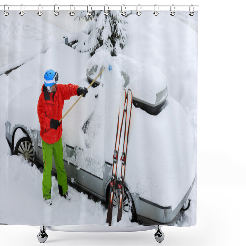 Personality  Ski, Winter, Snow, Car - Skier Man Is Shoveling The Car Of Snow Shower Curtains