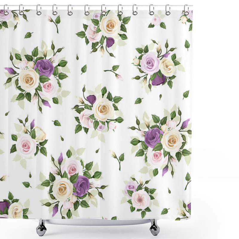 Personality  Seamless Pattern With Roses And Lisianthus Flowers. Vector Illustration. Shower Curtains