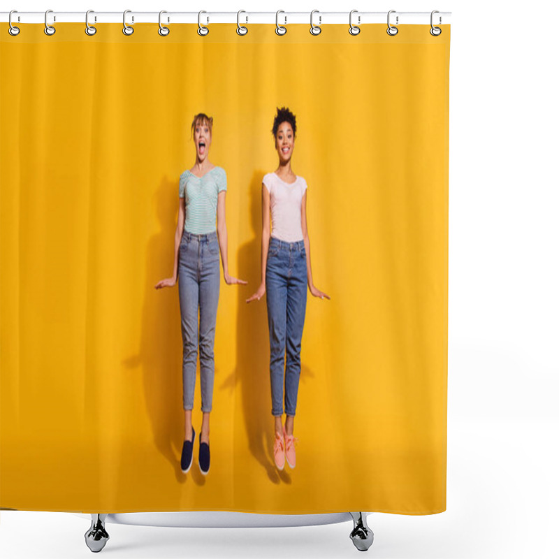 Personality  Full Length Body Size View Photo Of Cute Excited Funky Youth Hipsters Summer Enjoy Fun Laugh Fellows Fellowship Wavy Curly Haircut Jeans Outfit Trendy Top Knot Style Stylish Isolated Yellow Background Shower Curtains